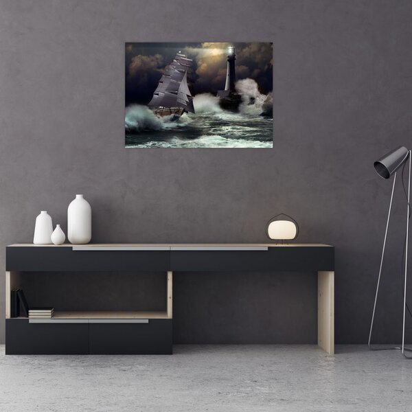 Slika - Ladja, ki pluje skozi nevihtne valove (70x50 cm)