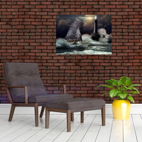 Slika - Ladja, ki pluje skozi nevihtne valove (70x50 cm)