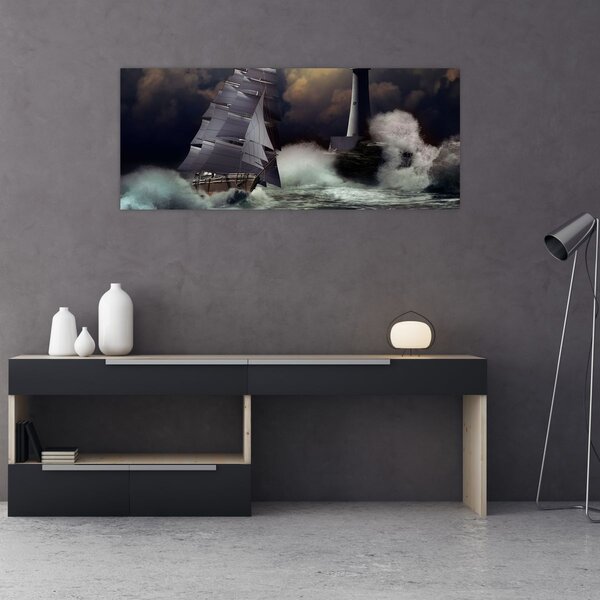 Slika - Ladja, ki pluje skozi nevihtne valove (120x50 cm)