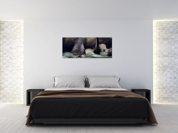 Slika - Ladja, ki pluje skozi nevihtne valove (120x50 cm)