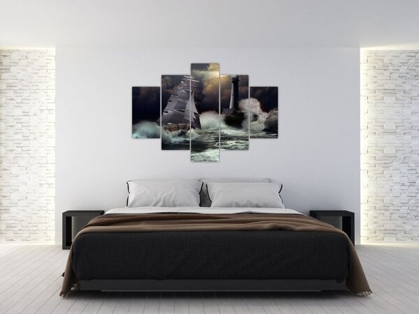 Slika - Ladja, ki pluje skozi nevihtne valove (150x105 cm)