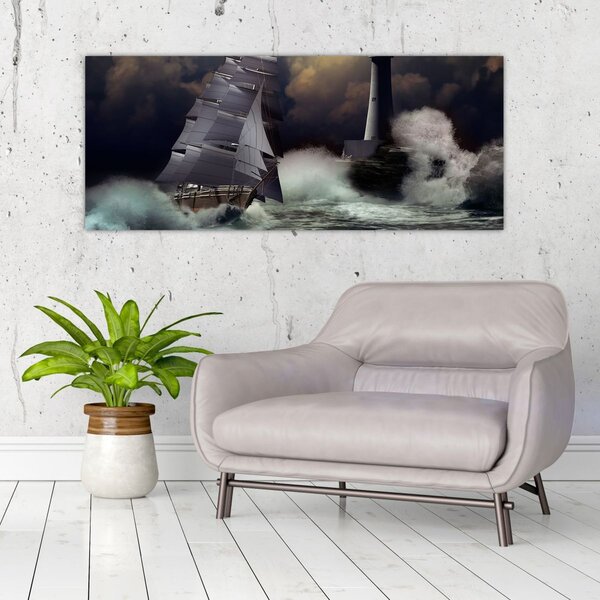 Slika - Ladja, ki pluje skozi nevihtne valove (120x50 cm)