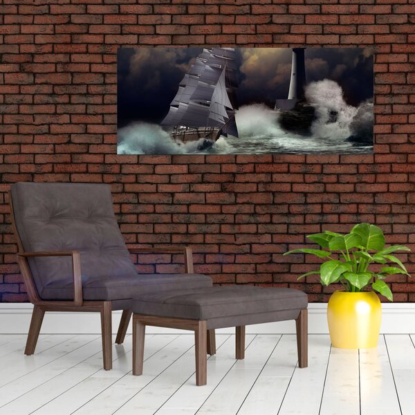 Slika - Ladja, ki pluje skozi nevihtne valove (120x50 cm)