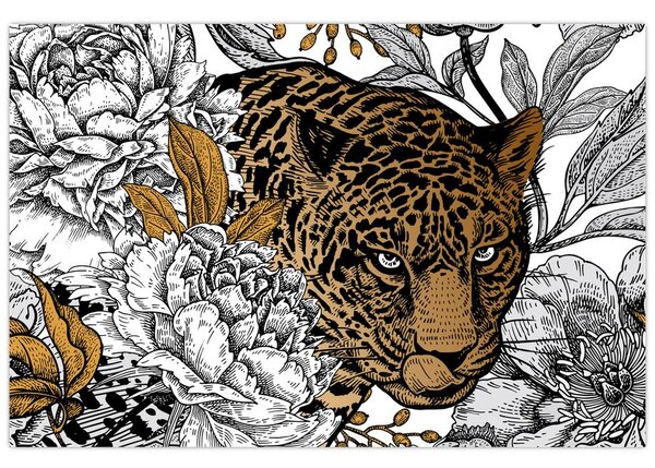 Slika - Leopard med rožami (90x60 cm)