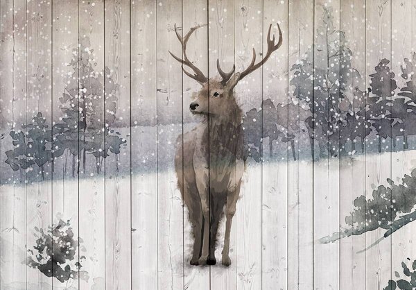 Foto tapeta - Jelen - drvene daske (152,5x104 cm)