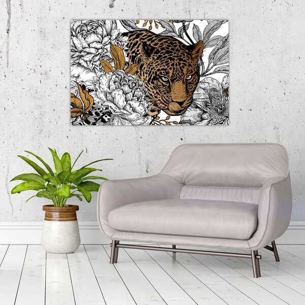 Slika - Leopard med rožami (90x60 cm)