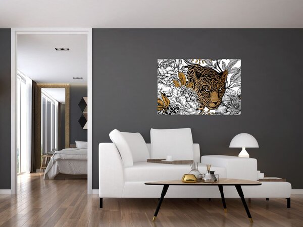 Slika - Leopard med rožami (90x60 cm)