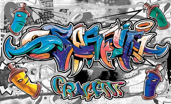 Foto tapeta - Šareni grafiti na sivoj boji (152,5x104 cm)