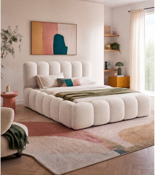 Krem tapecirani bračni krevet s prostorom za pohranu s podnicom 180x200 cm Lupine – Micadoni