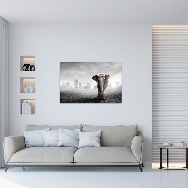 Slika - Sloni v velemestu, črno-bela različica (90x60 cm)