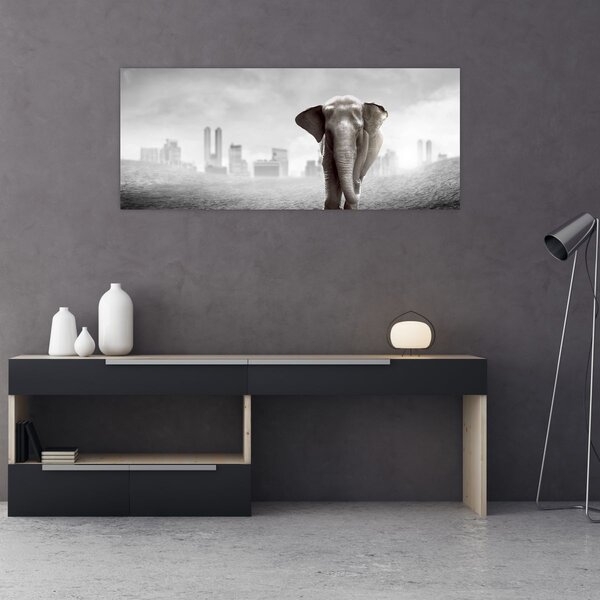 Slika - Sloni v velemestu, črno-bela različica (120x50 cm)