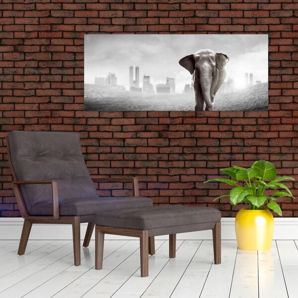 Slika - Sloni v velemestu, črno-bela različica (120x50 cm)