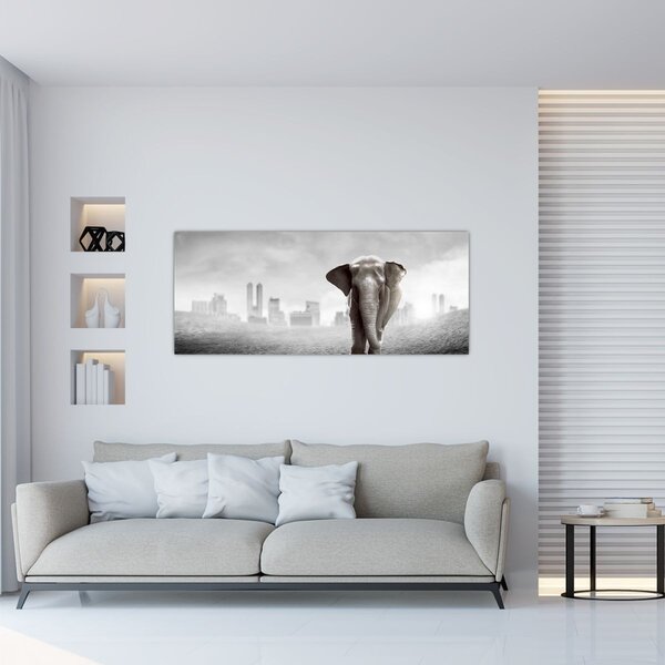 Slika - Sloni v velemestu, črno-bela različica (120x50 cm)