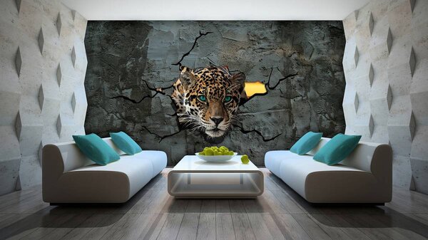 Foto tapeta - Jaguar iza cementnog zida (152,5x104 cm)