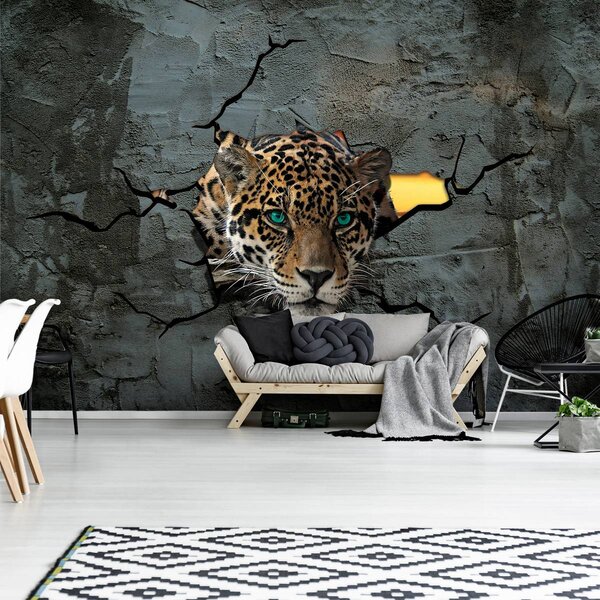 Foto tapeta - Jaguar iza cementnog zida (152,5x104 cm)
