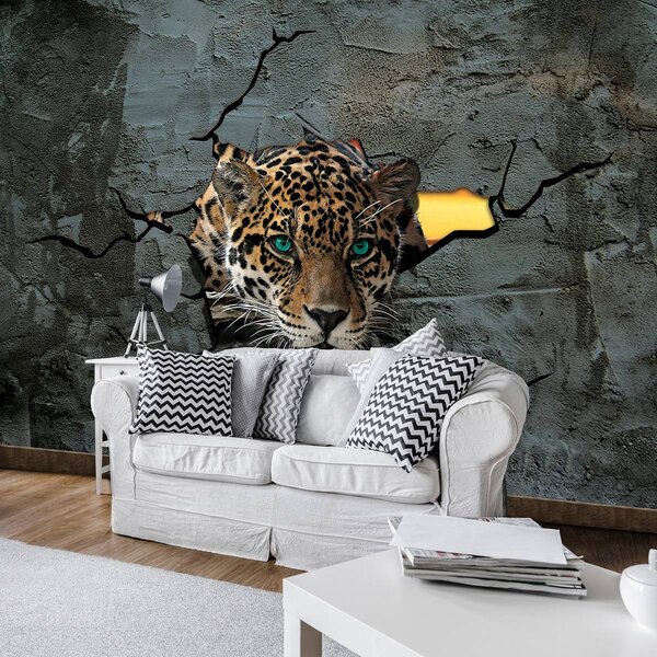 Foto tapeta - Jaguar iza cementnog zida (152,5x104 cm)