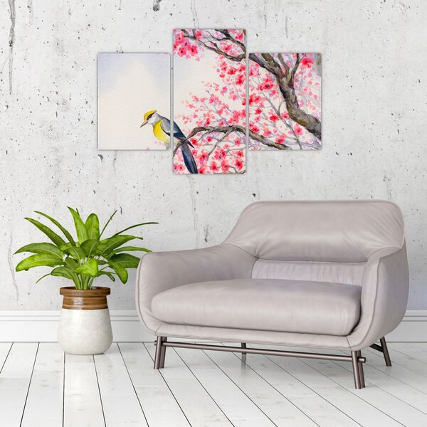 Slika - Ptica na drevesu z rdečimi cvetovi (90x60 cm)