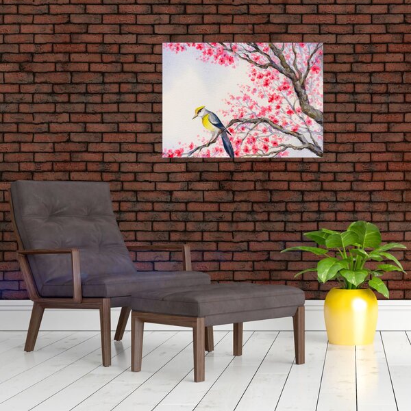 Slika - Ptica na drevesu z rdečimi cvetovi (70x50 cm)