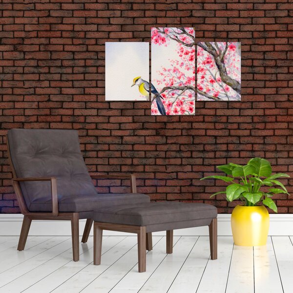 Slika - Ptica na drevesu z rdečimi cvetovi (90x60 cm)