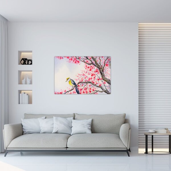 Slika - Ptica na drevesu z rdečimi cvetovi (90x60 cm)
