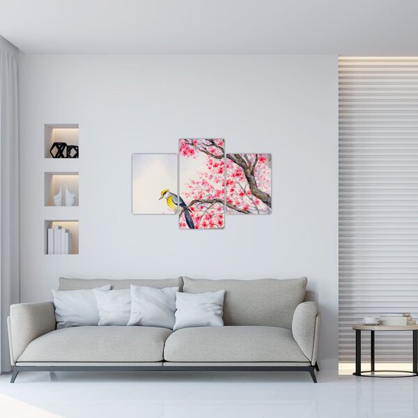 Slika - Ptica na drevesu z rdečimi cvetovi (90x60 cm)