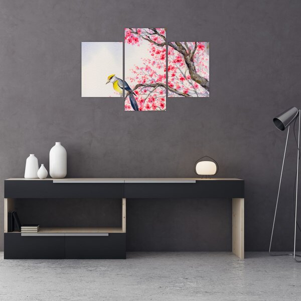 Slika - Ptica na drevesu z rdečimi cvetovi (90x60 cm)