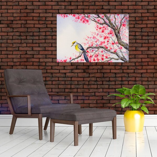 Slika - Ptica na drevesu z rdečimi cvetovi (90x60 cm)