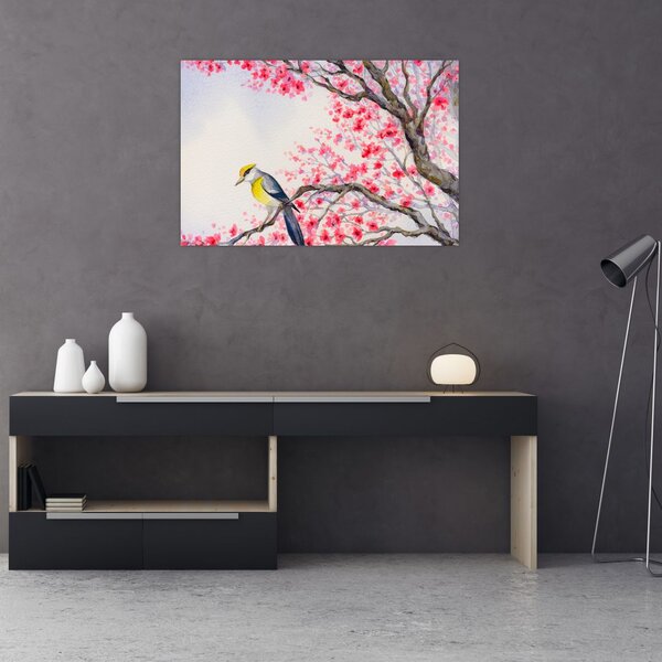 Slika - Ptica na drevesu z rdečimi cvetovi (90x60 cm)