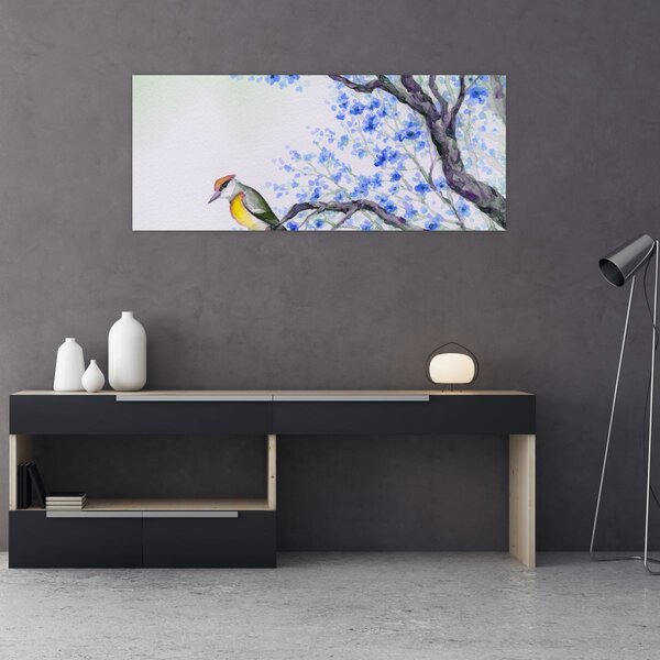 Slika - Ptica na drevesu z modrimi cvetovi (120x50 cm)