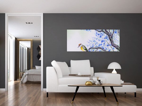 Slika - Ptica na drevesu z modrimi cvetovi (120x50 cm)