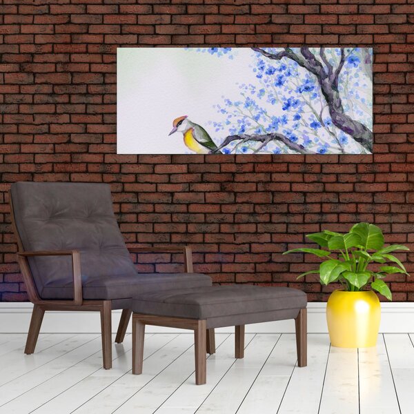 Slika - Ptica na drevesu z modrimi cvetovi (120x50 cm)
