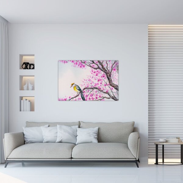 Slika - Ptica na drevesu z rožnatimi cvetovi (90x60 cm)