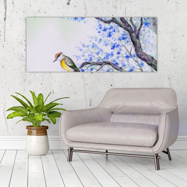 Slika - Ptica na drevesu z modrimi cvetovi (120x50 cm)