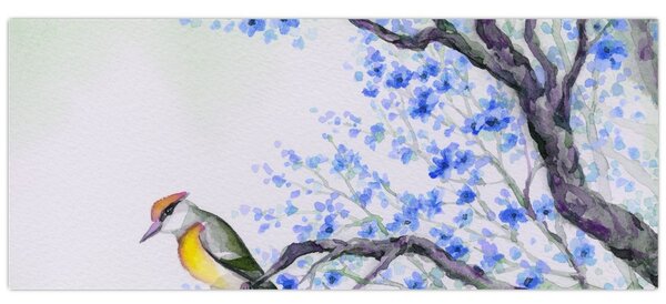 Slika - Ptica na drevesu z modrimi cvetovi (120x50 cm)
