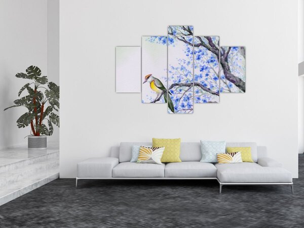 Slika - Ptica na drevesu z modrimi cvetovi (150x105 cm)