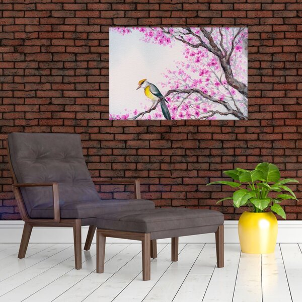 Slika - Ptica na drevesu z rožnatimi cvetovi (90x60 cm)