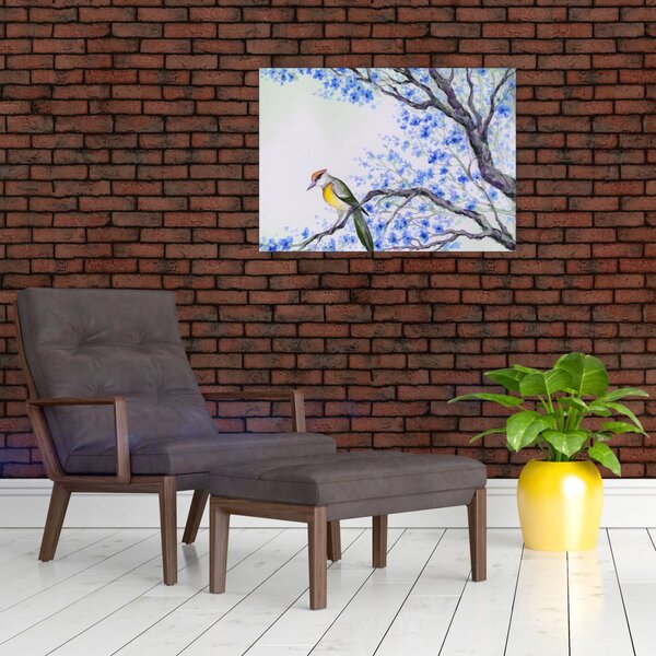 Slika - Ptica na drevesu z modrimi cvetovi (70x50 cm)