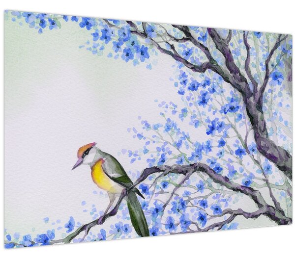 Slika - Ptica na drevesu z modrimi cvetovi (90x60 cm)