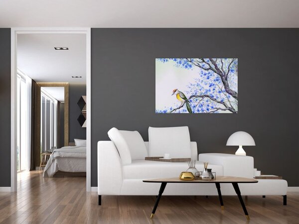 Slika - Ptica na drevesu z modrimi cvetovi (90x60 cm)