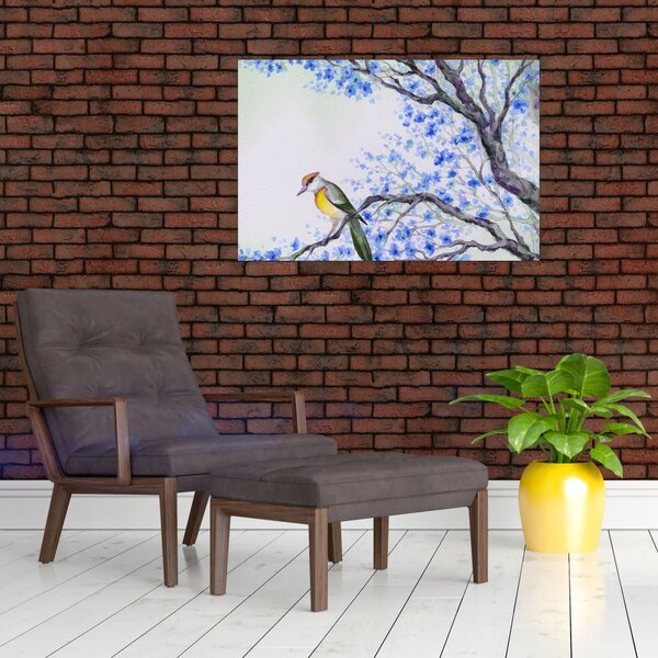 Slika - Ptica na drevesu z modrimi cvetovi (90x60 cm)