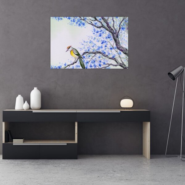 Slika - Ptica na drevesu z modrimi cvetovi (90x60 cm)