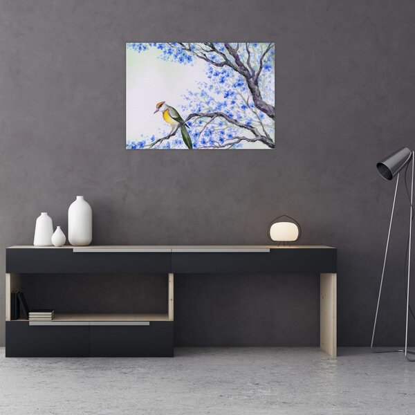 Slika - Ptica na drevesu z modrimi cvetovi (70x50 cm)