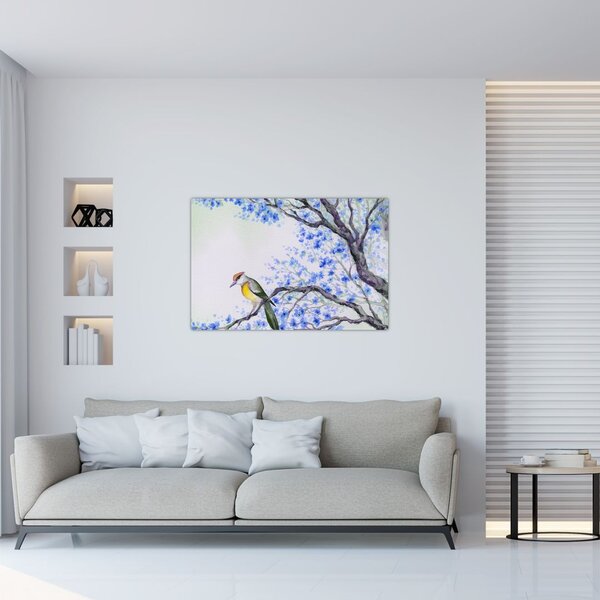 Slika - Ptica na drevesu z modrimi cvetovi (90x60 cm)
