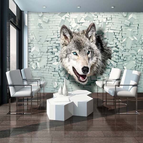 Foto tapeta - Vuk izlazi iz zida 3D (152,5x104 cm)