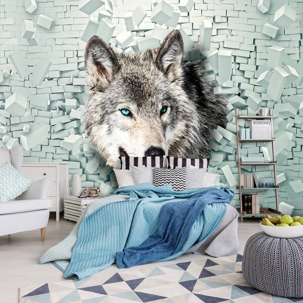 Foto tapeta - Vuk izlazi iz zida 3D (152,5x104 cm)