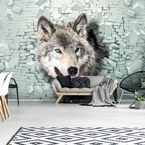 Foto tapeta - Vuk izlazi iz zida 3D (152,5x104 cm)