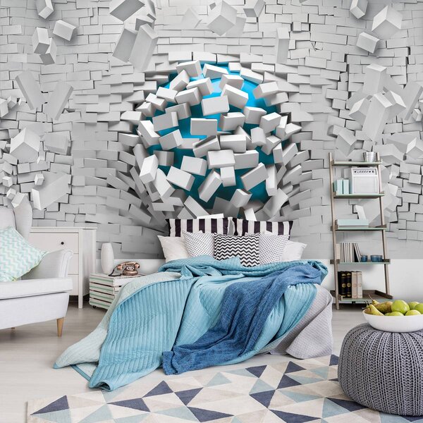 Foto tapeta - 3d plava lopta i bijeli zid od opeke (152,5x104 cm)