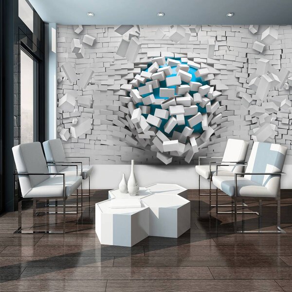 Foto tapeta - 3d plava lopta i bijeli zid od opeke (152,5x104 cm)