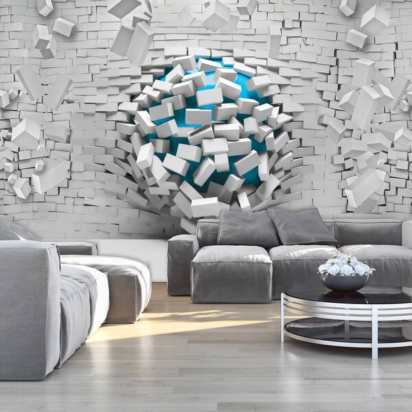 Foto tapeta - 3d plava lopta i bijeli zid od opeke (152,5x104 cm)