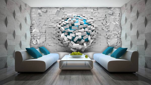 Foto tapeta - 3d plava lopta i bijeli zid od opeke (152,5x104 cm)